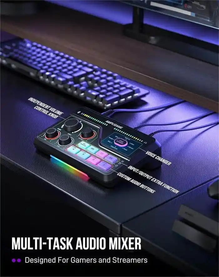 Fifine AmpliGame SC8 USB audio mixer with XLR/headset/optical in, voice/EQ/7.1 effect & sidetone/sample buttons, press mute vol. & chat mix dial